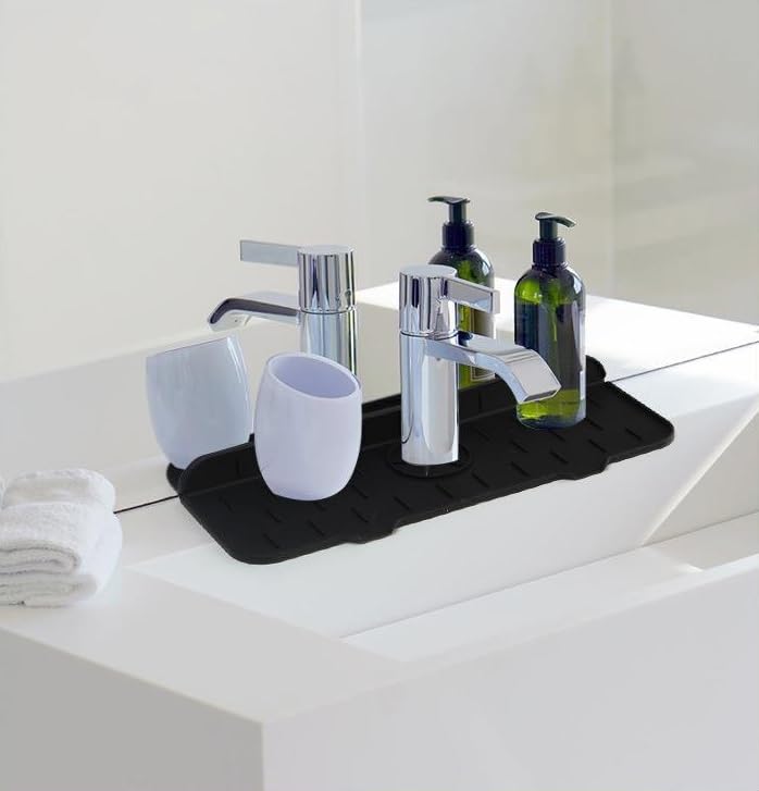 2Pcs Silicone Kitchen Sink Splash Guard Faucet Handle Drip Catcher Tray Mat For Kitchen Counter Bathroom Kitchen (Black) - color: Black