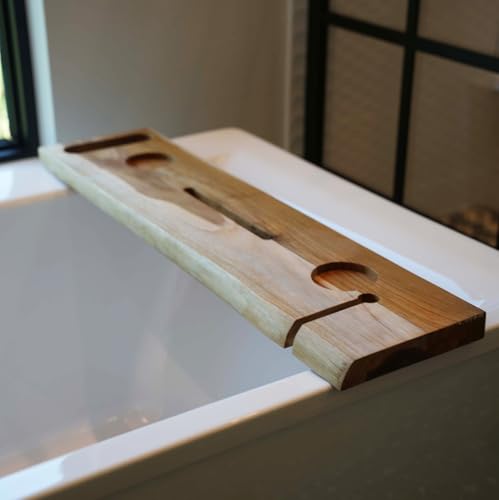 EcoDecors Eleganto 36" Live Edge Solid Teak Bath Caddy Tray with Handle, Book & Tablet Holder, Wine Glass Holders, Luxury Bathtub Tray - style: 36" Live Edge