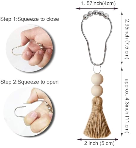 Boho Shower Curtain Hooks Rings Rustproof, CHICTIE Nautical Decorative Shower Curtain Rings with Handmade Wood Beads Tassel, Farmhouse Home Bathroom Bedroom Baby Room Decor Set of 12 (Natural Jute) - color: Natural Jute