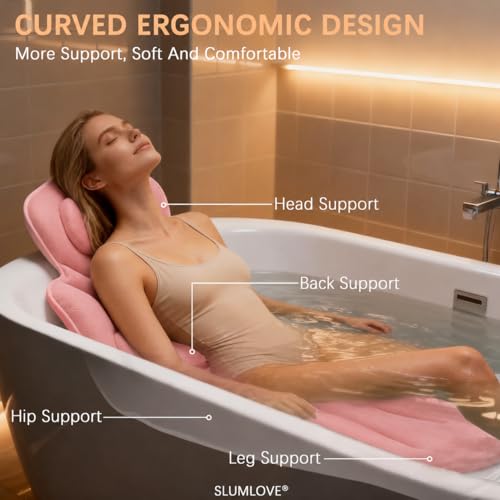 Full Body Bath Pillow for Bathtub Thickened 5D Air Mesh 144 Suction Cups | Bath Pillow Luxury Bathtub Pillow 3.7'' Thick Head, Neck and Back Support Bath Tub Pillow Extra-Large 56 x 18 Inch Size - color: Pink, size: Small