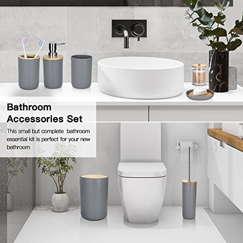 Otostar Grey Bathroom Accessories Set Bamboo Bathroom Set with Qtip Holder Soap Dispenser Toothbrush Holder Tumbler Soap Dish Toilet Brush Holder Trash Can Plastic Bath Set Housewarming Gift (Grey) - style: A-Grey Bamboo Cover Set