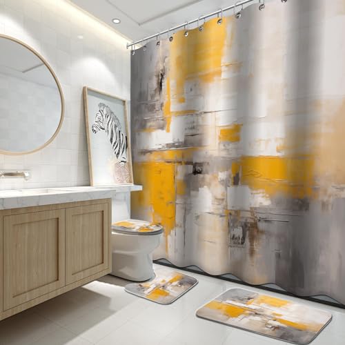 Lnond 4Pcs Bathroom Shower Curtain Sets with Rugs,Yellow Grey Ombre Bathroom Sets with Shower Curtain and Rugs and Accessories - color: Yellow Grey