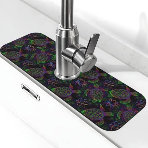 Sea Turtle Psychedelic Mandala Boho Colors 15" X 5.5" Kitchen Sink Splash Guard Faucet Faucet Guard Draining Mat Sink Splash Guard Faucet Kitchen Bathroom - color: Sea Turtle Psychedelic Mandala Boho Colors