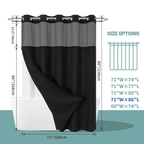 eachope Black Extra Long No Hook Waffle Weave Shower Curtain with snap-in Liner Replacement, 230GSM Waterproof Fabric Hotel Shower Curtain Set for Bathroom, Through Mesh Top Window,71Wx86H - color: Black, size: 71"W x 86"L (Pack of 1)