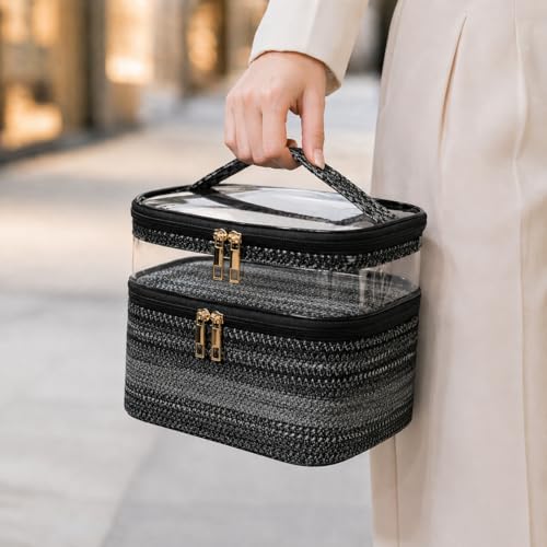 Woven Faux Leather Travel Makeup Bag for Women, Cosmetic Organizer with Clear PVC Top, Large Capacity Toiletry Bag (Black) - color: 03-Black