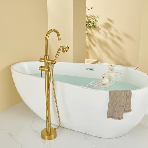Wowkk Tub Filler Freestanding Bathtub Faucet Brushed Gold Floor Mounted Brass Bathroom Tub Faucets with Hand Shower - color: Brushed Gold