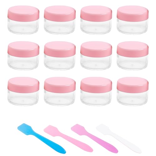 12 Pcs 15ml/0.5oz Small Travel Containers, 4 Pcs Makeup Spatula, Clear Plastic Cosmetic Jar Refillable Roun for Lotion Cream Products Sample Bottles, Plastic with Screw on Lid Container (pink) - color: pink