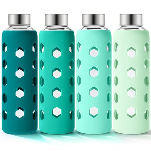 Mrsdry Glass Juice Bottles with Lids and Silicone Sleeves 18 oz, 4-Pack Reusable Clear Glass Water Bottles with Stainless Steel Airtight Cap for Juicing, Refrigerator, BPA Free Leak-Proof Drinking Jar - color: Green