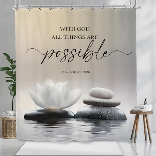 Zen Lotus Spa Shower Curtain 60Wx72L Inch Ink Quotes Meditation Inspirational Motivational Bible Bathroom Set Accessories Decor with 12 Pack Hooks - color: White Lotus, size: 60"W x 72"L (Pack of 1)