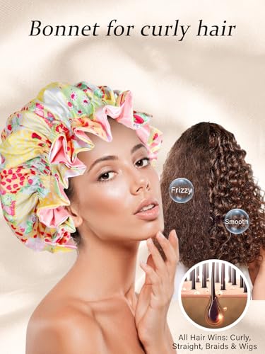Floral Satin Bonnet with Scrunchie Set,Double Layer Ruffle Reusable Sleeping Shower Cap for Curly Hair Pink-bow - color: Pink-bow