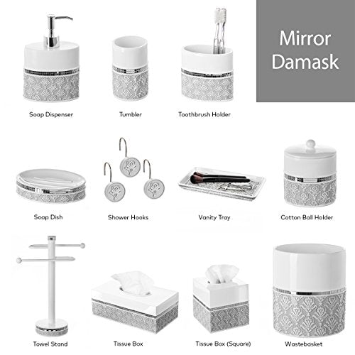 Creative Scents Mirror Damask 6 Piece Resin Bathroom Accessories Set | Includes Trash can, Tissue Box Cover, Soap Dispenser, Toothbrush Holder, Tumbler Cup & Soap Dish - color: 6 Piece Set