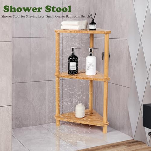 Bamboo Corner Shower Caddy Stand 3-Tier Waterproof,Free Standing Bathroom Corner Shelf Shower Stool Organizer for Inside Shower,Space-Saving Storage Shower Shelves with Anti-Slip Feet - style: GU-QZST003