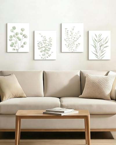 KUVIOKE Botanical Framed Boho Wall Art Bathroom Plants Wall Decor Green Sage Eucalyptus Leaf Prints Minimalist Aesthetic Ready to Hang Set of 4, 12x16 in (Framed) - color: Sage Plants - Standard, size: 12 x 16in x 4 Panels