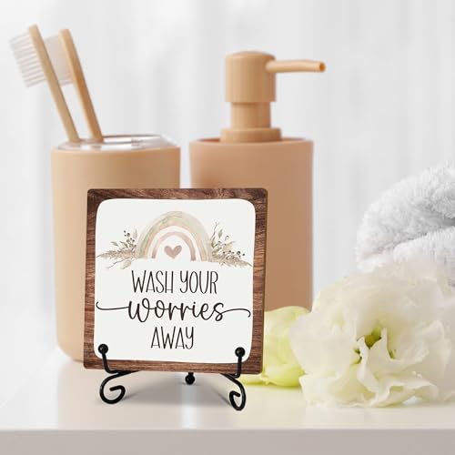 5" Bathroom Decor, Wash Your Worries Away Sign,Boho Bathroom Laundry Room Decor, Guest Bathroom Decoration, Farmhouse Home Toilet Bathroom Plaque Sign Table Shelf Decor-A06 - color: Wash Your Worries-06