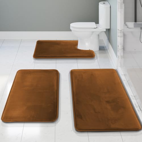 Clara Clark 3 Piece Bathroom Rugs Bath Mat Set, Velvet Memory Foam Bath Mats for Bathroom - Non-Slip, PVC Backing Bath Rugs, Washable - Dries Quickly, Brown - color: Brown, style: 17 x 24 + 20 x 32 + Contour