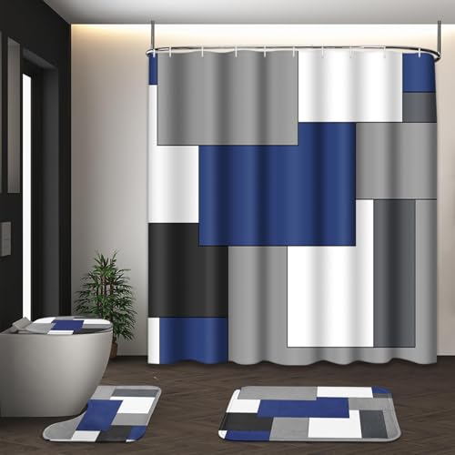 Navy Blue Geometric Shower Curtain Set with Toilet Lid Cover and Non-Slip Rugs for Bathroom, Black White Grey Checkered 4 Pcs Shower Curtain, Modern Abstract Bathroom Set with 12 Hooks - color: Abstract Geometric Dark Blue
