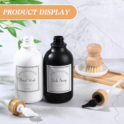 Zopeal 4 Pcs 16 oz Kitchen Soap Dispenser Set with Bamboo Tray and Dish Brush Plastic Soap Dispenser Set with Waterproof Labels for Hand Dish Lotion(Matte Black,White) - color: Matte Black,white