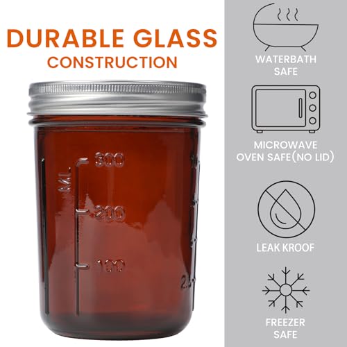 KORCCI Amber Glass Mason Jars 16oz - 6 Pcs Wide Mouth Mason Jars With Lids And Bands. Empty Candle Jar, Food Storage Containers, Canning Jar For Canning, Fermenting, Pickling, Jar Décor.