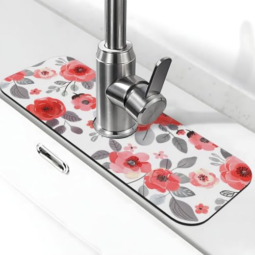 Kitchen Sink Splash Guard Faucet Mat, Flowers Red Pink Diatom Mud Absorbent Draining Mat For Kitchen Sink Bathroom - color: Flowers Red Pink, size: One Size