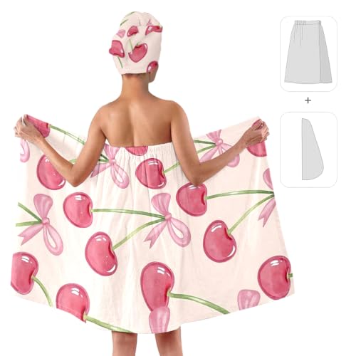 2pcs Women's Spa Wrap & Hair Towel Set - Cute Cherry Print Microfiber Bath Body Wrap Towel with Drying Cap, Absorbent Shower Skirt for Gym Dorm Sauna & Skincare (Cherry 3) - color: Cherry 3