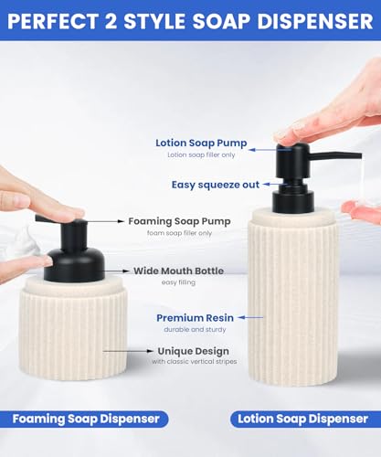 Beige Bathroom Accessory Set - 6 Pcs: Toothbrush Holder, Lotion & Foaming Soap Dispensers, Qtip Holder, Vanity Tray, Bathroom Tumbler - Countertop Organizer - color: Beige