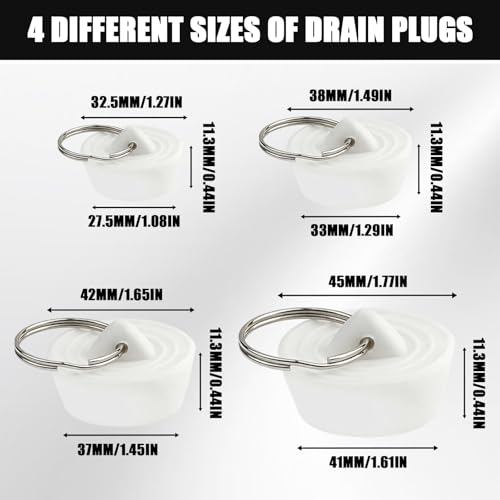 4 PCS Silicone Sink Stopper - Drain Stopper Tub Stopper with Hanging Ring - Kitchen Sink Plug Drain Plug for Bathroom Kitchen Sink Tub Drain, Laundry (4 Sizes, White)