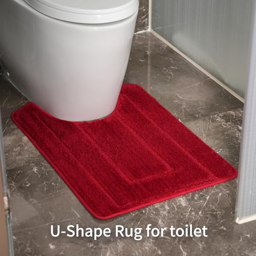 Bathroom Rugs Sets 3 Piece, with 20" x 28" U-Shaped Toilet Rug, Ultra Absorbent and Super Soft Touch, Non-Slip, Microfiber Plush,Rectangular Pattern, Quick Dry Bath Mats for Bathroom, Tub, Bedroom - color: Dark Red