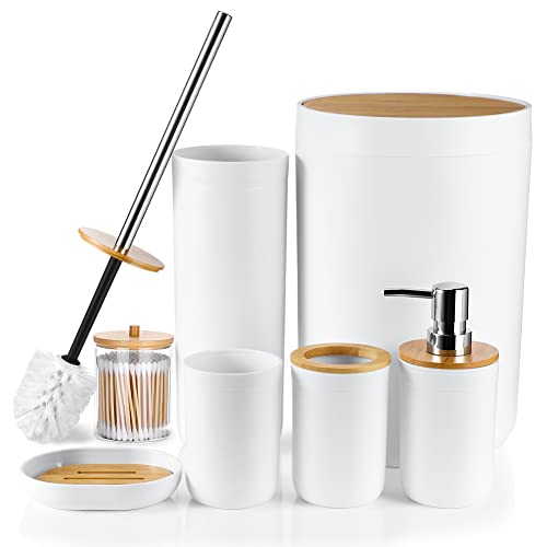 Otostar Bamboo Bathroom Accessory Set 6 Piece Bathroom Accessories Set Plastic Gifts Bath Set with Toothbrush Holder Soap Dispenser Qtip Holder Tumbler Soap Dish Toilet Brush Holder Trash Can (White) - style: A-White Bamboo Cover Set