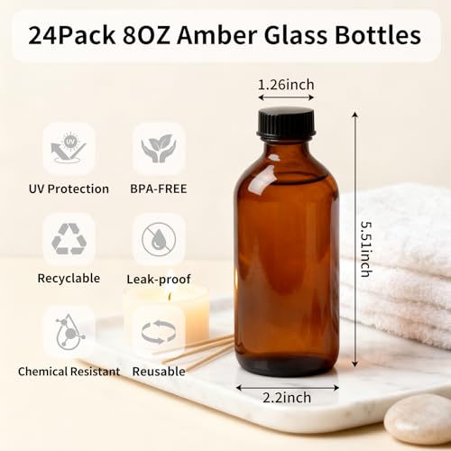 24 Pack 8 oz Amber Glass Boston Round Bottles with Phenolic Polycone Caps – Airtight, Leak-Proof Bottles for Vanilla Extract, Kombucha Brewing, Essential Oils, and Homemade Solutions - size: 8 ounces