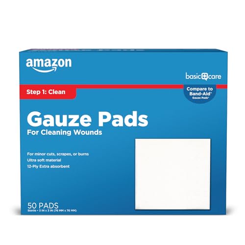 Amazon Basic Care Gauze Pads, 3x3 inches Sterile Medical Wound Dressing Sponges, 12-Ply, Ultra Soft, Extra Absorbent, 50 Count, 1-Pack (Previously All Health) - size: 3x3 Inch (Pack of 1)