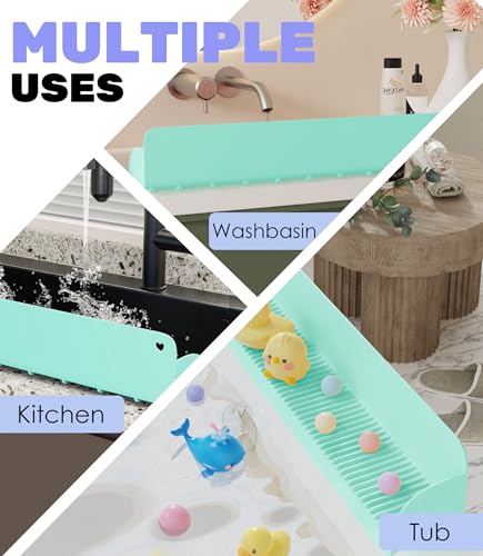 Splash Guard for Bathtub, Silicone Bathtub Topper & Bath Storage Tray, Longer and Higher Water Splash Guard, Bathroom Accessories for Family (Green)