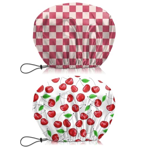 2 PCS Shower Cap Waterproof Double Layer Elastic Adjustable Reusable Hair Bath Caps for Girls Women Cute Aesthetic-Pink White - color: G19-Pink White