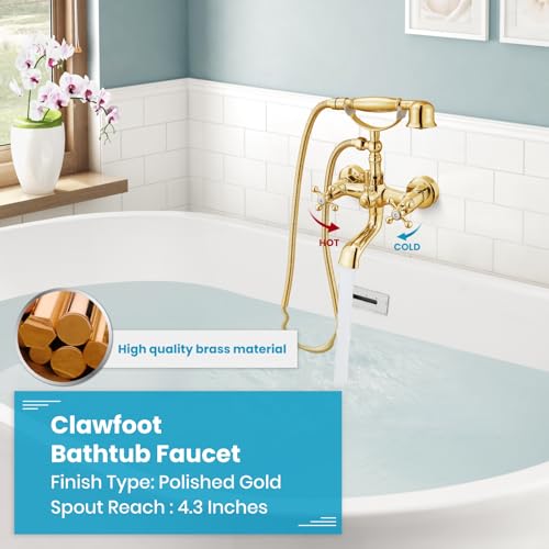 gotonovo Wall Mount Clawfoot Bathtub Faucet with HandHeld Spray and 360° Double Cross Handle Swivel Spout Vintage Tub Shower Faucet Set with Adapter Adjustable Swing Arms Polish Gold - color: Polish Gold