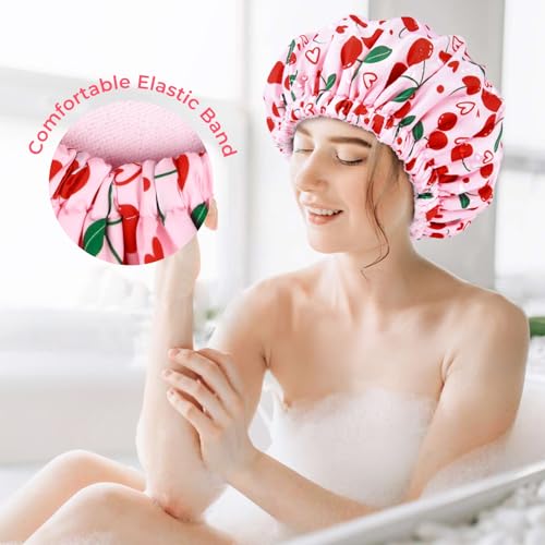 Shower Cap for Women Terry Lined Bath Cap Large Reusable Waterproof Elastic Band Pink Cherry Shower Caps for Long Thick Hair Soft Bath Shower Hair Caps - color: Pink Cherry Heart