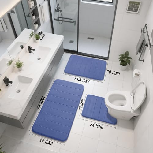 Yimobra 3 Pieces Memory Foam Bath Mat Set with U-Shaped Toilet Rug - Non Slip Super Soft Absorbent Quick Dry Bathroom Rugs for Bathtub, Vanity & Toilet Base, Navy Blue - color: Navy Blue, size: 44''x24'' + 31.5''x20'' + 24''x20''