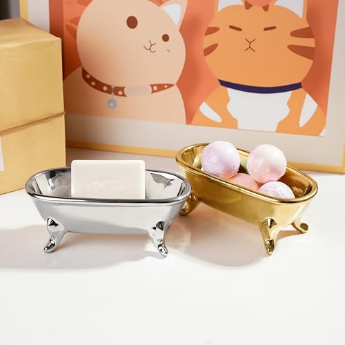 6.7" Ceramic Mini Clawfoot Bathtub Bar Soap Dish, Decorative Bar Soap Holder, Soap Tray Sponge Holder for Shower, Bathroom & Kitchen Sink (Silver) - color: Silver