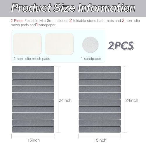 2 Pack Foldable Stone Bath Mats, Gray Super Absorbent Diatomaceous Earth Bath Rug, Non-Slip Shower Mat, Quick-Drying Bath Rug and Drying Mat for Tub and Shower - color: Grey, size: 2× Rug 15×24" + 2× Non-slip Mat
