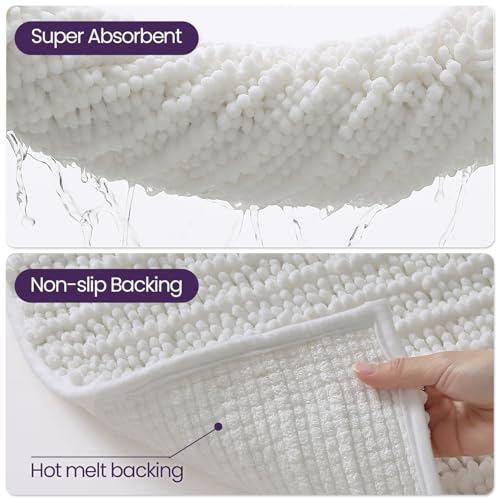 DEXI Bathroom Rugs 60x24, Super Soft Thick Chenille Absorbent Bath Mat, Non Slip Machine Washable Fluffy Shag Bathmat for Tub, Shower Floor, White - color: White, size: 60" X 24" (Rectangular)