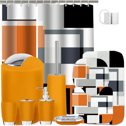 Lnond Orange Bathroom Set, 23-Piece Orange Black Geometric Bathroom Decor Set with with Shower Curtain and Rugs, Trash Can, Toilet Brush Holder Set & Soap Dispenser - style: Orange Geometric