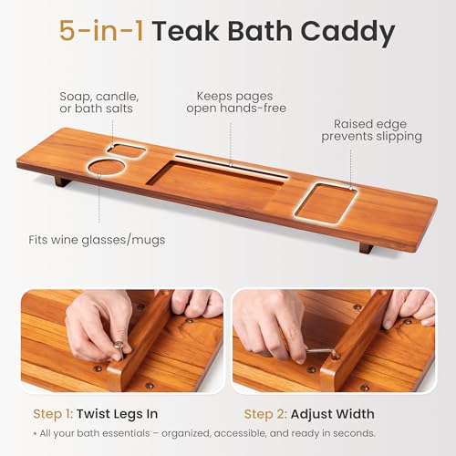 Teak Bathtub Tray for Freestanding Bath, 39" Extra Thick Adjustable Spa Caddy - Non-Slip Anti-Tip Wood Organizer for iPad, Wine & Book - Artisan Natural Finish, Perfect Self-Care Gift - color: Natural Teak, size: 39 Inch