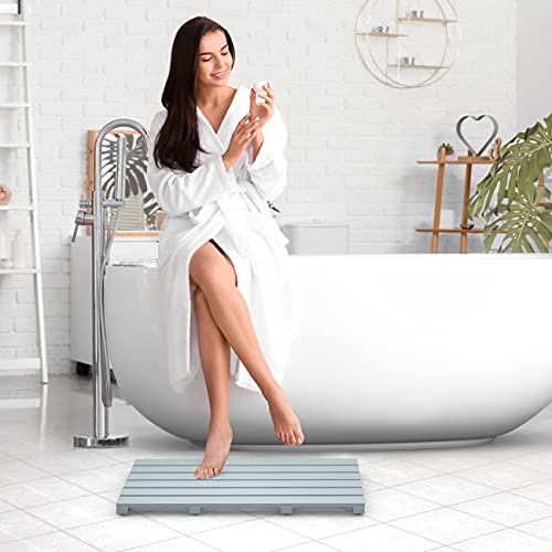 Bamboo Wooden Bath Floor Mat for Luxury Shower - Non-Slip Bathroom Waterproof Carpet for Indoor or Outdoor Use (Bluish Grey) - color: Grey, size: 21.3" x 14.2" (Rectangular)