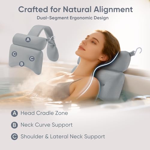2-Pack Dual-Section Pillows for Hot Tub (Grey) – Dual-Section Head & Neck Support Cushion for Spa & Chaise Lounge, Removable Weighted Pouch, Adjustable Long Strap & Easy-Dry Hook