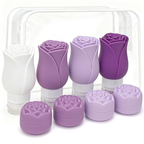 3 OZ Travel Bottles Leakproof for Travel TSA Approved & Refillable Mini Cream Containers Set 8 Pack – Silicone Squeeze Tube Rose Bottle for Shampoo Lotion Body Wash BPA Free with Bag, Purple - color: WT+RS+PP+RSD, size: 4 Bottles+ 4 Jars