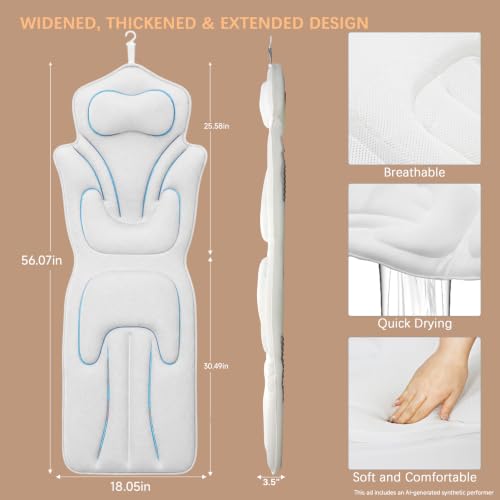 Full Body Bath Pillow for Bathtub Thickened 5D Air Mesh 144 Suction Cups | Bath Pillow Luxury Bathtub Pillow 3.7'' Thick Head, Neck and Back Support Bath Tub Pillow Large 56 x 18 Inch Size - color: White, size: Small