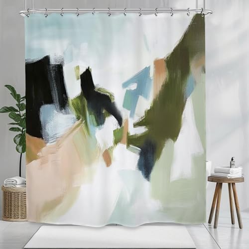 Abstract Green Brushstroke Shower Curtain 60Wx72L Inch Oil Painting Modern Contemporary Art Bathroom Set Accessories Decor with 12 Pack Hooks - color: Green Brushstroke, size: 60"W x 72"L (Pack of 1)