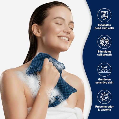 Yiclick Dual-Textured Exfoliating Washcloth Towel - Back Scrubber for Use in Shower Bath, Exfoliating Body Scrubber Exfoliator, Japanese Exfoliate Loofah Lufa Sponge Wash Cloth for Women Men - color: Blue