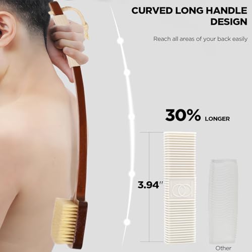 ICANdOIT Stiff Sisal Bristles Back Scrubber Set - Shower Brush with Non-Slip Curved Handle and Dual-Sided Exfoliation Glove-17.71”Bent Handle