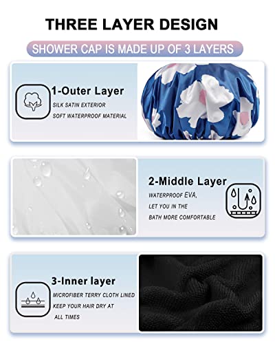 YIZIJIZI Terry Lined Shower Cap,Triple Layer Large Cap for Women,Shower Cap Reusable Waterproof,Long Thick Hair(Blue) - color: Blue