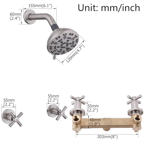 2 Handle Shower Faucet,Wall Mounted Two Handles Shower Faucet Set with 8 Modes Rainfall Shower Head,2 Knobs Single Function Shower Trim Kit with Rough-in Valve,Brushed Nickel - color: Brushed Nickel, style: 2 Handles-Single Function