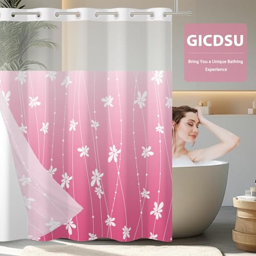 No Hook Shower Curtain with Snap-in Liner, Pink Ombre Bathroom Shower Curtains with Liner Set, Waterproof & Washable, Mesh Top Window, 71" W x 86" L - color: 02 Ombre - Pink, size: 71"W x 86"L (Pack of 1)